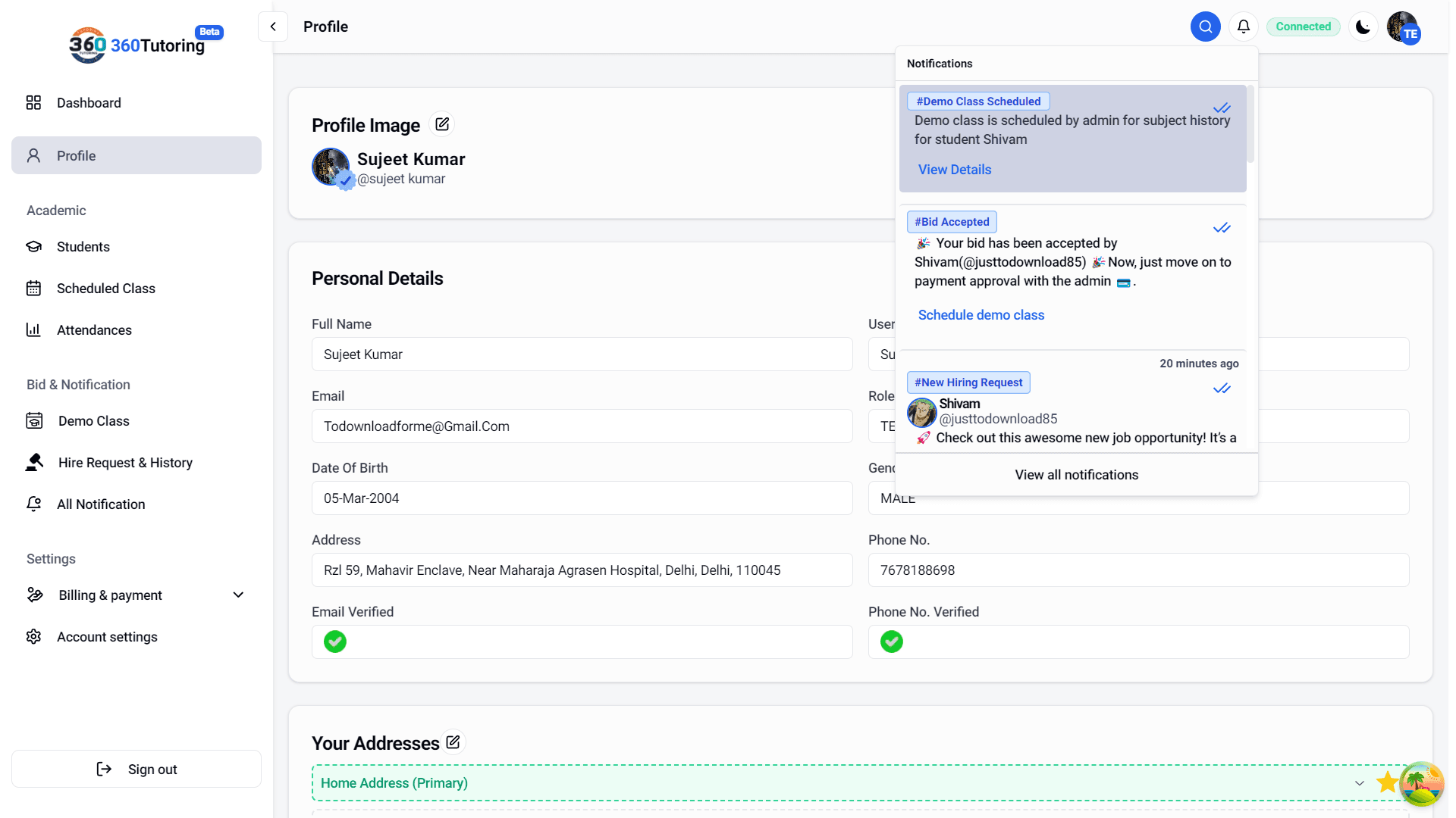 demo class accept notification
