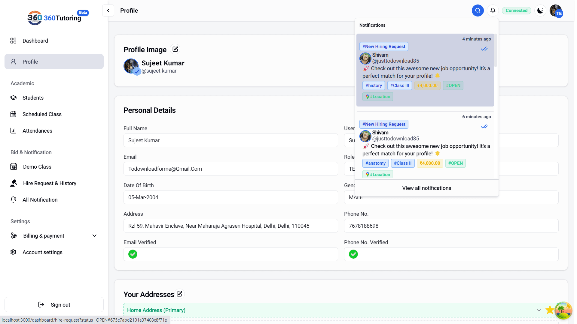 hire notification
